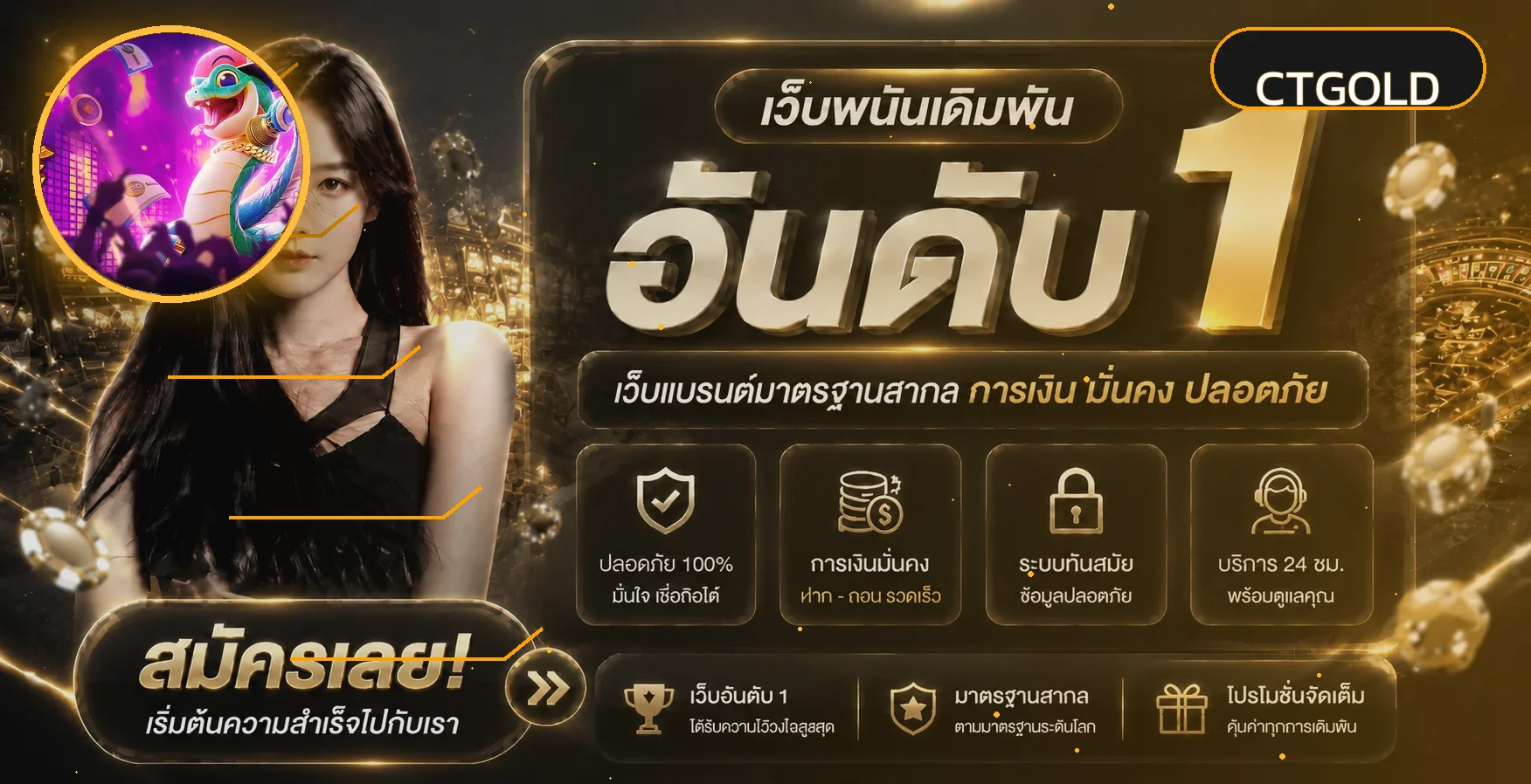 ภาพต้อนรับ CTGOLD คาสิโนออนไลน์พร้อมตัวละครเกม PG Soft